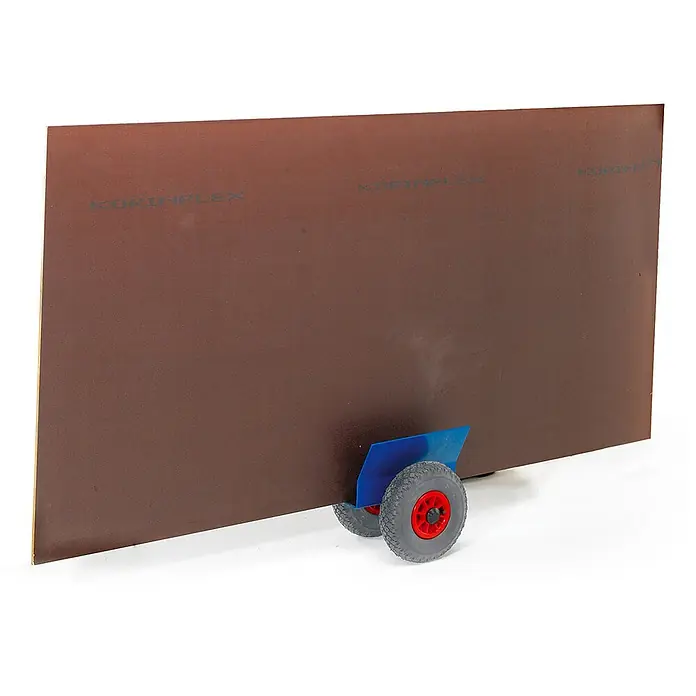 Rollcart Transportroller Plattenroller 320x320mm zum Plattentransport 200kg Tragkraft Luftbereifung - L x B x H: 0,01 cm x 0,01 cm x 0,01 m - Blaue Plattenkarre mit grauen Rädern und roten Naben, die eine große braune Bauplatte trägt.