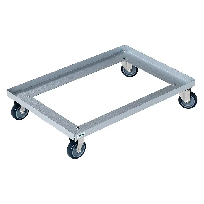 Kongamek Transportroller Rollwagen verzinkt 616x416x128mm mit 2 Bock- und 2 Lenkrollen ohne Bremse -  - Rechteckiger, silberfarbener Metallrollwagen mit vier dunkelgrauen Rollen zum einfachen Transport von Gegenständen.