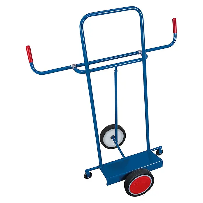Variofit Transportroller Plattenkarre zum Längstransport mit Vollgummibereifung -  - Blauer Metall-Sackkarren mit roten Griffen und vier Rädern zum Warentransport.