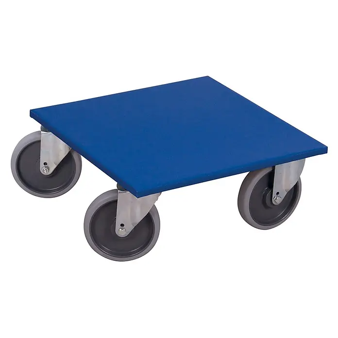 Variofit Transportroller Möbelhund 2 Stück 750kg Traglast thermoplastische Gummibereifung 600x600x -  - Blauer quadratischer Möbelroller mit drei grauen Lenkrollen für einfachen Transport.