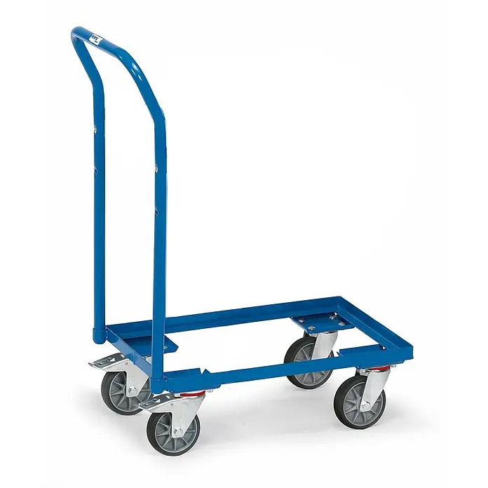 Fetra Transportroller Eurokasten-Roller mit Schiebebügel, offener Rahmen für 600x400 mm Eurokä -  - Blauer Metall-Plattformwagen mit hohem Griff und vier Lenkrollen.