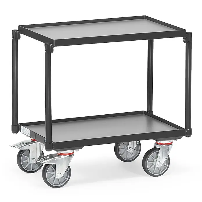Fetra Transportroller Eurokastenroller ohne Rohrschiebebügel Grey Edition -  - Schwarzer zweistöckiger Servierwagen mit grauen Ablagen und vier Rollen für einfachen Transport.