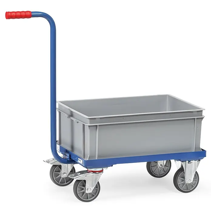 Fetra Transportroller Griffrollwagen mit Kunststoffkasten 250kg Tragkraft KF4 -  - Blauer Industrietrolley mit rotem Griff und grauem Kunststoffbehälter auf Rollen.