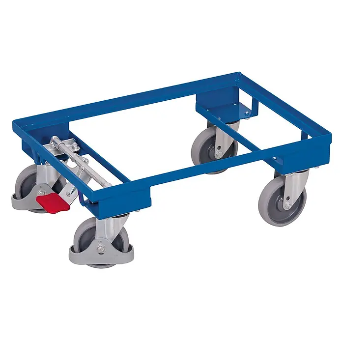 Variofit Transportroller Euro-System-Roller mit EasySTOP ohne Boden 605x410mm RAL 5010 Enzianblau -  - Blauer Metall-Rollwagen mit vier grauen Rädern, zwei davon mit rotem Feststellhebel.