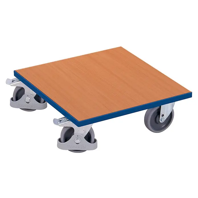 Variofit Transportroller Kistenroller mit Boden in Buchendekor und Radfeststeller 500x500mm RAL 5010 -  - Quadratischer Holzroller mit blauen Kanten und vier grauen Rollen, zwei davon mit Bremsen.