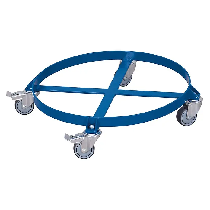 Variofit Transportroller Fassroller 250kg Traglast für 200 Liter Fässer -  - Blauer Fassroller aus Metall mit vier Lenkrollen, davon zwei mit Bremsen.