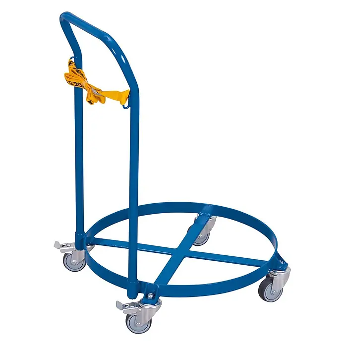 Variofit Transportroller Fassroller 250kg Traglast für 200 Liter Fässer mit Schiebebügel -  - Blauer Fasskarren aus Metall mit Griff, vier Rollen und gelbem Sicherungsgurt.