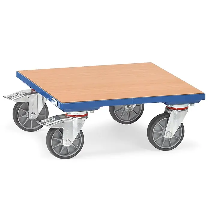 Fetra Transportroller Kistenroller 400kg Tragkraft KF61 - L x B x H: 50 cm x 60 cm x 0,01 m - Rechteckiger Möbelroller mit heller Holzplatte, blauem Metallrahmen und vier grauen Lenkrollen, davon zwei mit Feststellern.