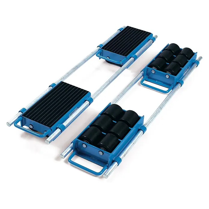 Fetra Transportroller Fahrwerk verstellbar 12t Tragkraft -  - Zwei robuste, verstellbare blaue/silberne Rollwagen zum Bewegen schwerer Lasten. Einer mit gerippten Auflagen, der andere mit mehreren schwarzen Rollen.