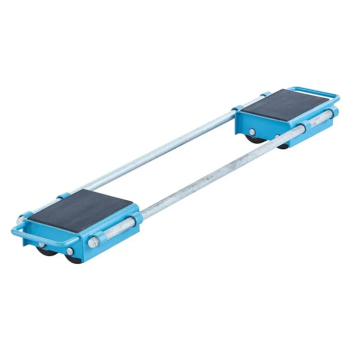 HanseLifter Transportroller Schwerlastroller SLR6T Tragkraft 6000kg -  - Zwei blaue Schwerlast-Transportplattformen mit Rädern, verbunden durch silberne Stangen, mit schwarzen gummierten Oberflächen.