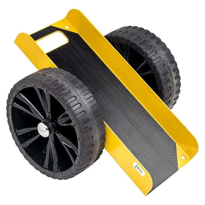 Kongamek Transportroller Plattenwagen pulverbeschichtet in gelb 490x380x260mm Pannensichere Bereifun -  - Gelber Transportwagen mit großen schwarzen Rädern und gerippter, rutschfester schwarzer Oberfläche, ideal zum Transportieren von Gegenständen.