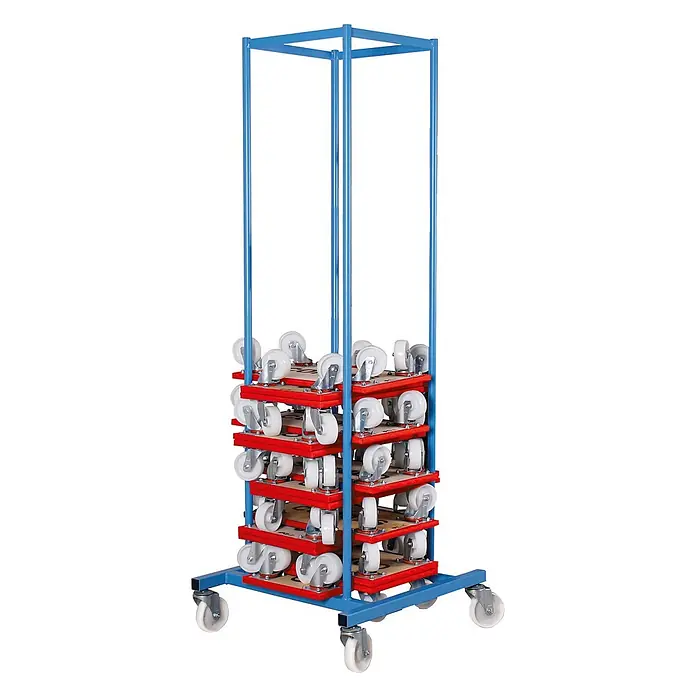 Variofit Transportroller Möbelhundsammler aus Stahl 250kg Tragkraft -  - Blaues mobiles Metallregal mit roten Ablagen, das viele weiße Rollen auf Holzplatten präsentiert, selbst auf Rollen.