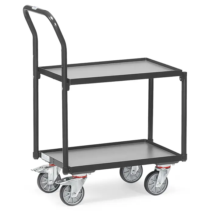 Fetra Transportroller Eurokastenroller mit Rohrschiebebügel Grey Edition - L x B x H: 60,5 cm x 40,5 cm x 0,01 m - Dunkelgrauer zweistufiger Servierwagen mit Schiebegriff und Lenkrollen.