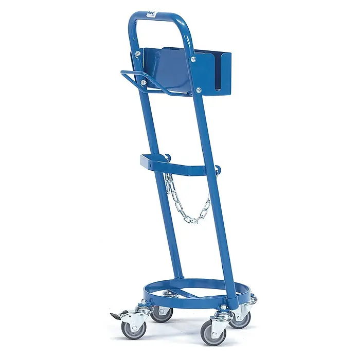 Fetra Transportroller Stahlflaschenroller für 1 Propangasflasche 11 kg Inhalt, Ø 300 mm Schrump - L x B x H: 12 cm x 41 cm x 0,01 m - Blauer Metall-Gasflaschenwagen mit oberer Halterung, Sicherungskette, runder Basis und vier Lenkrollen.