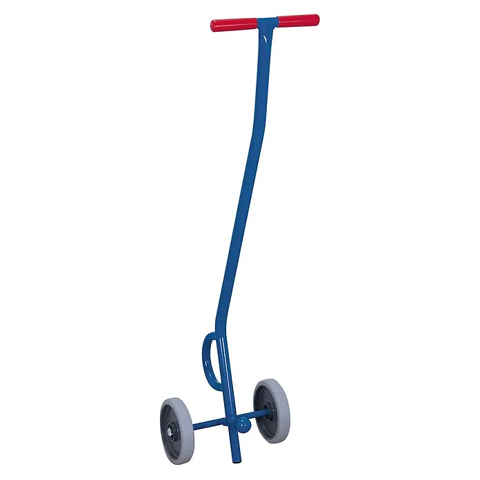 Variofit Transportroller Heberoller 500kg Traglast -  - Blaues Metall-Schiebespielzeug mit roten Griffen und zwei grauen Rädern.