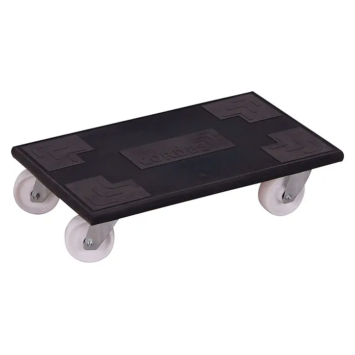 Variofit Transportroller Möbelhund Europa mit Kunststofflenkrollen 2 Stück 500 kg Tragkraft 600x35 -  - Schwarzer Möbelroller mit vier weißen Rollen und rutschfester Oberfläche, Marke CORDES.