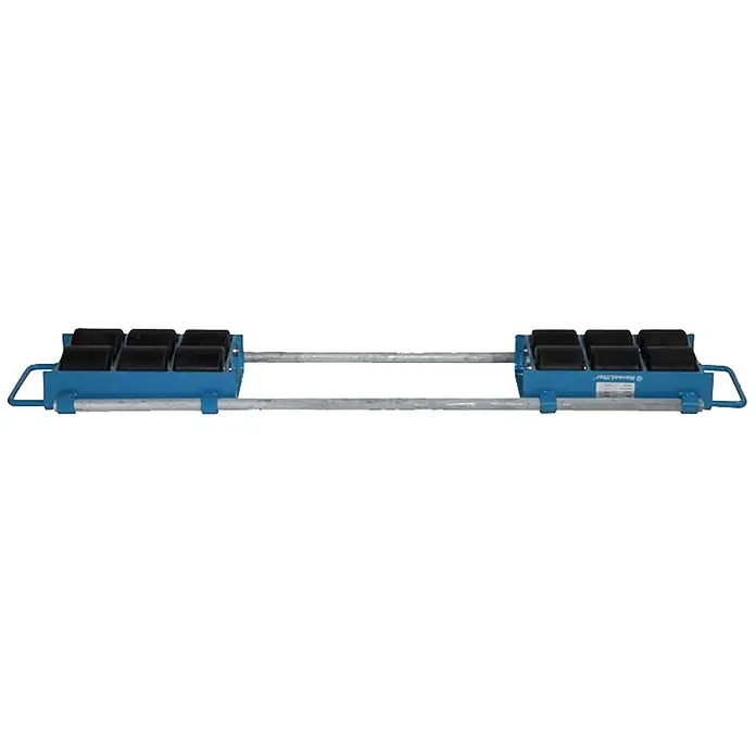 HanseLifter Transportroller Schwerlastroller SLR Tragkraft 12000kg -  - Blaue Hanselifter Maschinentransporteure mit schwarzen Rollen, verbunden durch zwei silberne Stangen, zum Transport schwerer Lasten.