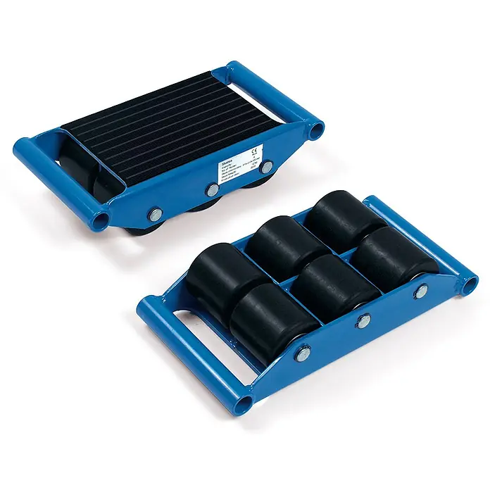 Fetra Transportroller Transportroller 6t Tragkraft - L x B x H: 30 cm x 21 cm x 0,01 m - Zwei blaue Industrieskaten mit schwarzen Rollen, eine mit geriffelter Gummiplatte für sicheren Lastentransport.
