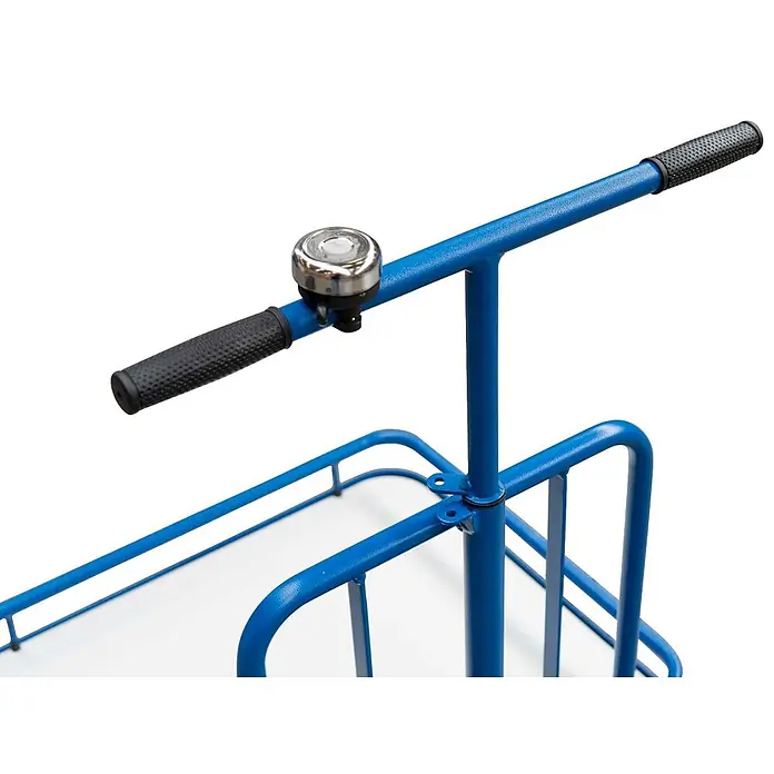 Schefer Transportroller Lastenroller LR - L x B x H: 1.440 cm x 67,5 cm x 1,06 m - Blauer Metalllenker eines Wagens mit schwarzem Griff und silberner Glocke.