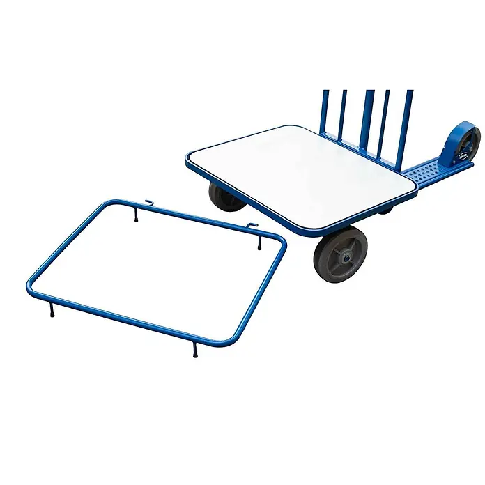 Schefer Transportroller Lastenroller LR - L x B x H: 1.440 cm x 67,5 cm x 1,06 m - Ein blauer Plattformwagen mit weißer Fläche und passendem, quadratischem blauen Rohrrahmen-Zubehör.