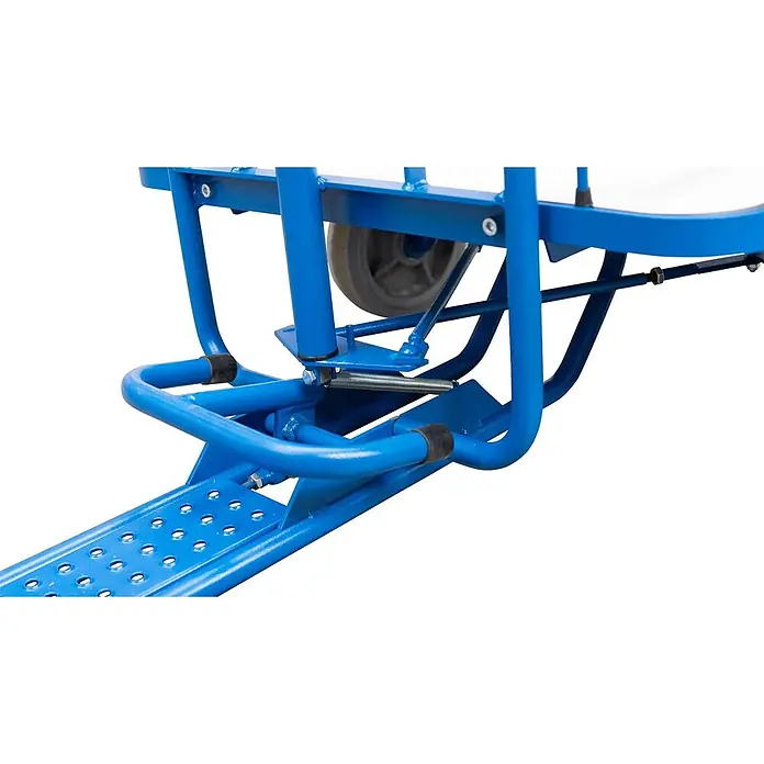 Schefer Transportroller Lastenroller LR - L x B x H: 1.440 cm x 67,5 cm x 1,06 m - Blauer Metallrahmen einer Sackkarre mit Klappmechanismus, Feder, Rad und gelochter Fußplatte.