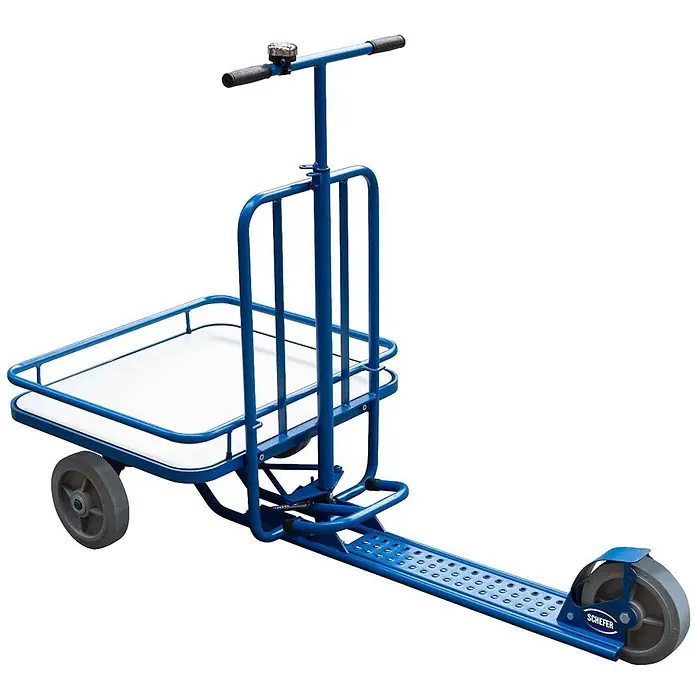 Schefer Transportroller Lastenroller LR - L x B x H: 1.440 cm x 67,5 cm x 1,06 m - Blauer Metall-Industrieroller mit Ladefläche, Lenker und Klingel zum Transport von Waren.