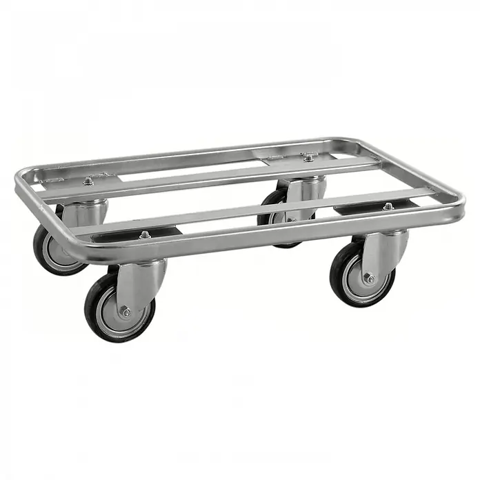 Kongamek Transportroller ESD-Roller 600x400x160mm 300kg Tragkraft -  - Silberfarbener Metallrollwagen mit vier schwarzen Lenkrollen zum Transport von Gütern.