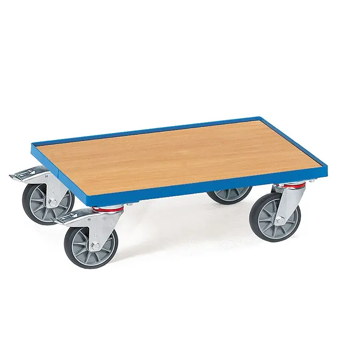 Fetra Transportroller Eurokasten-Roller mit Holzwerkstoffplatte und 15 mm hohen Rand -  - Holzplattform-Rollbrett mit blauem Rahmen und vier grauen Lenkrollen für einfachen Transport.