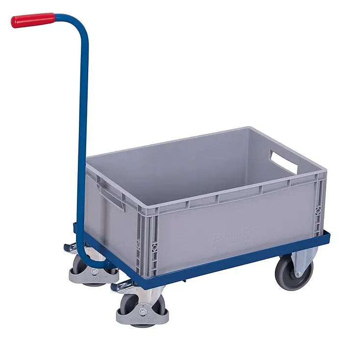 Variofit Transportroller Euro-System-Griffroller mit Kunststoffkiste ohne Boden 615x415mm RAL 5010 E -  - Graue Kunststoffbox auf einem blauen Metall-Handwagen mit rotem Griff.