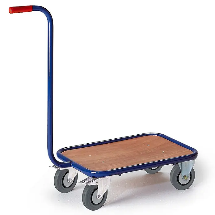 Rollcart Transportroller Griffroller mit Ladefläche 600x500mm im Buchendekor -  - Blaues Metall-Plattformwagen mit Holzplatte und rotem Griff, auf grauen Rädern.