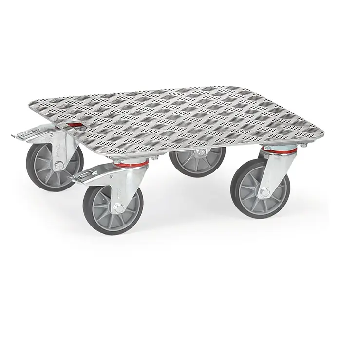 Fetra Transportroller Kistenroller Aluminium-Quintettblech 500x500mm Ladefläche KF10 -  - Aluminium-Riffelblech-Transportroller mit vier grauen Lenkrollen.