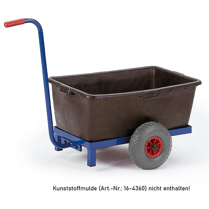 Rollcart Transportroller Griffroller für Kunststoffmulde Ladefläche 670x370mm - L x B x H: 67 cm x 37 cm x 0,01 m - Blauer Metallkarren mit rotem Griff und grauem Luftrad; abgebildete Kunststoffwanne ist nicht enthalten.