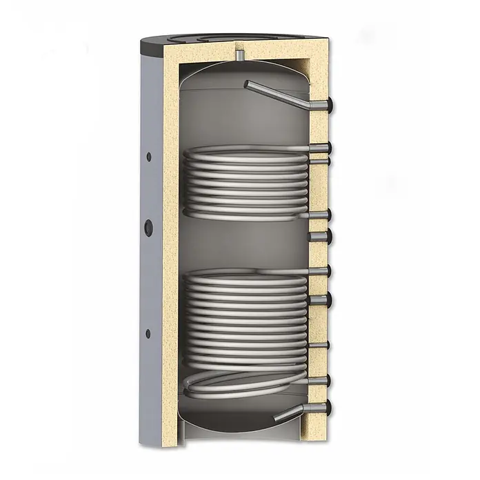 Sannover Warmwasserspeicher - 1.500 l - Schnittbild eines isolierten grauen Warmwasserspeichers mit zwei internen Wärmetauscher-Spiralkreisläufen.