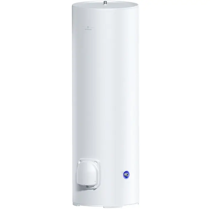 De Dietrich Warmwasserspeicher CEB 250 L - 250 l, 3.000 W, Temperaturbereich: 30 °C - 65 °C, Wandmontage - Weißer zylindrischer Warmwasserspeicher mit De Dietrich Logo, oberem Anschluss und unterer Revisionsklappe und Ventil.