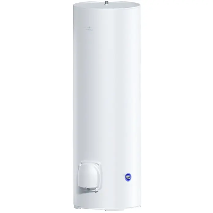De Dietrich Warmwasserspeicher CEB 250 L - 250 l, 3.000 W, Temperaturbereich: 30 °C - 65 °C, Wandmontage - Weißer zylindrischer Elektro-Warmwasserspeicher mit Frontzugang und blau gerahmtem Anschluss.