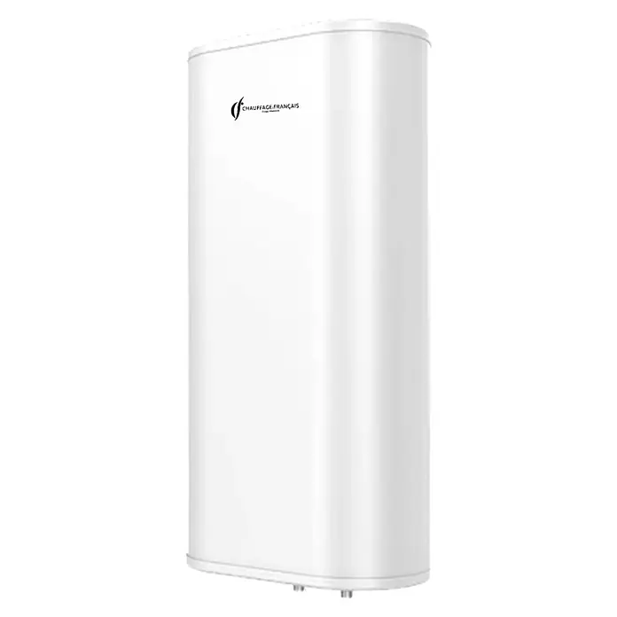 Sannover Warmwasserspeicher Valorie 80 L - 80 l, 2.000 W, Temperaturbereich: 40 °C - 80 °C, Wandmontage - Weißer zylindrischer Warmwasserbereiter mit "CHAUFFAGE FRANÇAIS"-Logo.