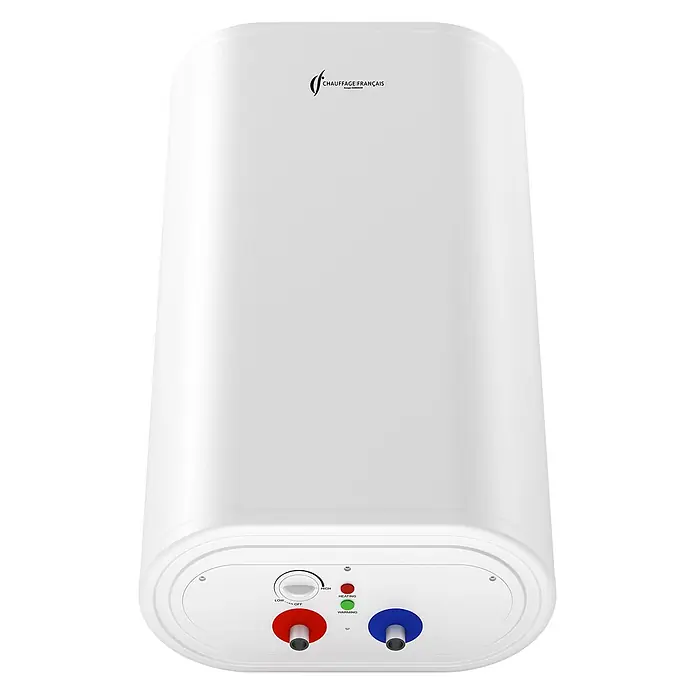 Sannover Warmwasserspeicher Valorie 80 L - 80 l, 2.000 W, Temperaturbereich: 40 °C - 80 °C, Wandmontage - Weißer elektrischer Warmwasserbereiter mit Temperaturregler, Anzeigeleuchten und roten (warm) und blauen (kalt) Anschlüssen.