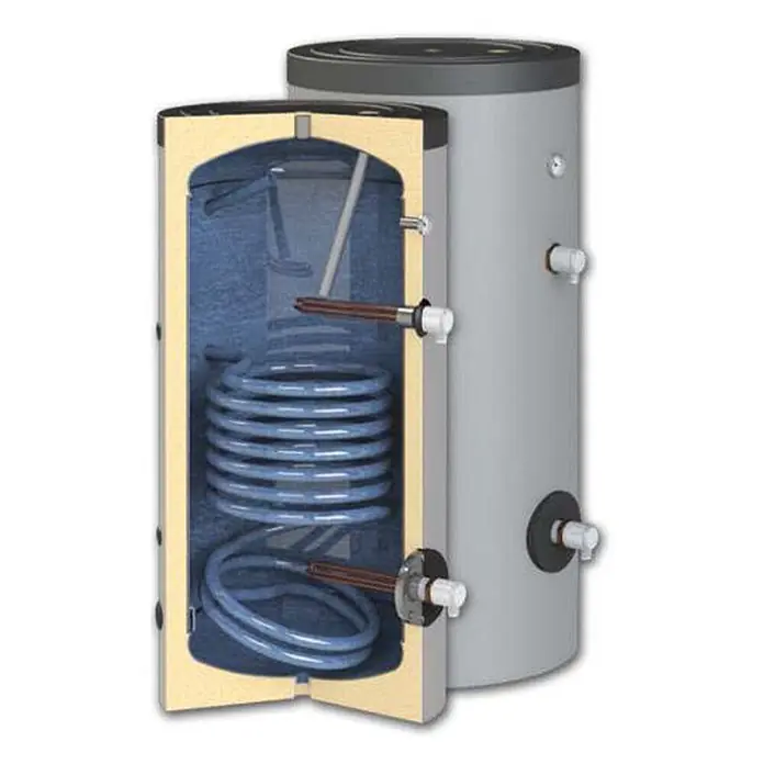 Sannover Warmwasserspeicher - 500 l - Grauer Warmwasserspeicher mit Schnittansicht, die blaue interne Heizschlangen und Isolierung zeigt.