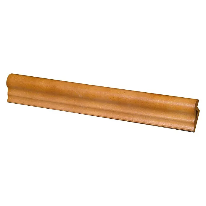 Perfil de acabado para peldaño T217 - Largo: 36 cm, Marrón - Primer plano de un solo borde marrón, perfecto para acentuar las baldosas de la pared y proporcionar un borde limpio y acabado.