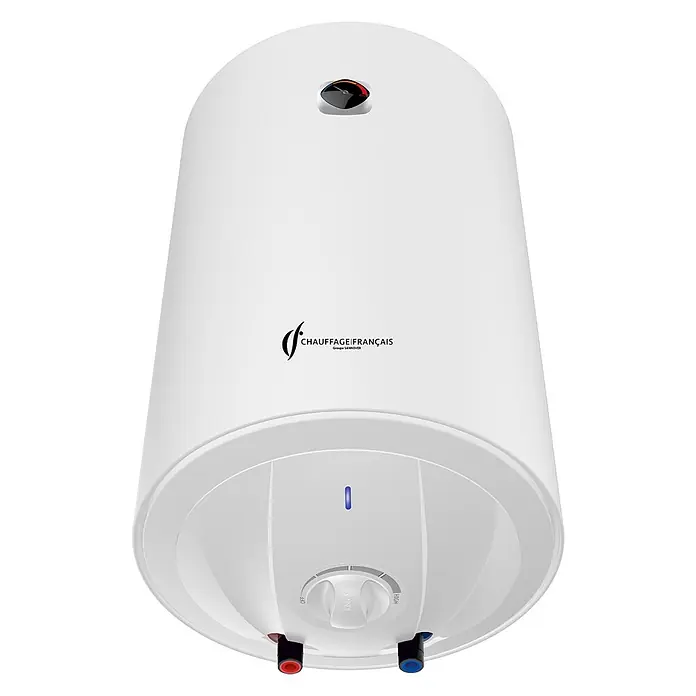 Sannover Warmwasserspeicher - 50 l, 1.500 W, Temperaturbereich: 40 °C - 80 °C, Wandmontage - Weißer zylindrischer Warmwasserbereiter von Chauffage Français mit Temperaturanzeige, Regler (aus-hoch) und roten/blauen Rohrverbindungen.