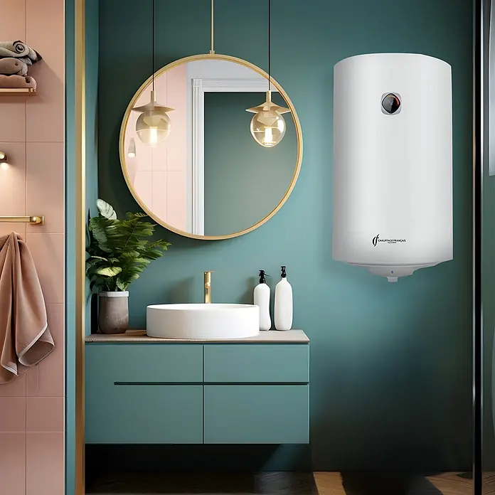 Sannover Warmwasserspeicher - 50 l, 1.500 W, Temperaturbereich: 40 °C - 80 °C, Wandmontage - Weißer zylindrischer Warmwasserbereiter, an einer Wand im modernen Badezimmer montiert, mit Temperaturanzeige und Logo.