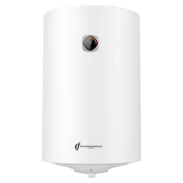 Sannover Warmwasserspeicher - 50 l, 1.500 W, Temperaturbereich: 40 °C - 80 °C, Wandmontage - Weißer, zylindrischer Warmwasserbereiter mit frontaler Temperaturanzeige und "Chauffage Français"-Logo.