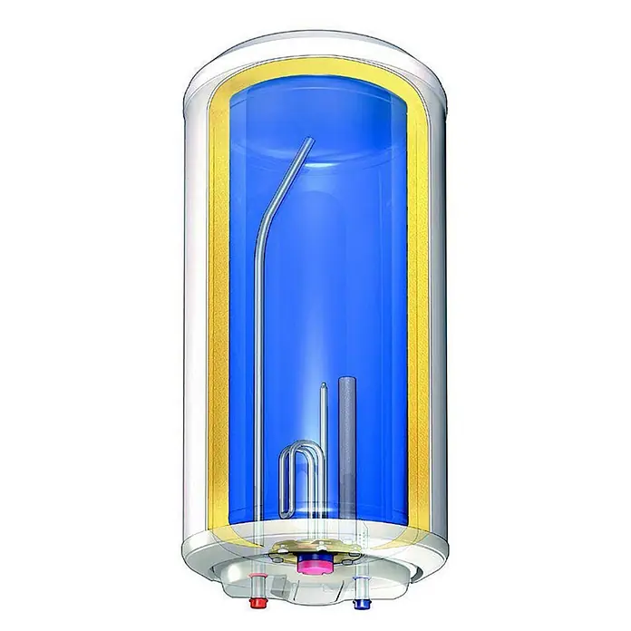 De Dietrich Warmwasserspeicher CEB 150 L - 150 l, 1.600 W, Temperaturbereich: 30 °C - 65 °C, Wandmontage - Schnittbild eines Elektro-Warmwasserspeichers mit blauem Innentank, gelber Isolierung und internen Heizelementen.