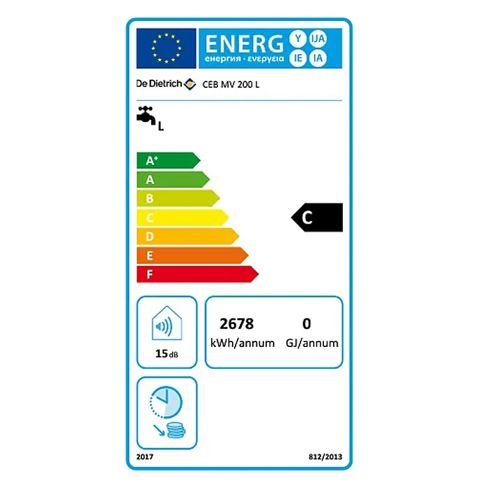 De Dietrich Warmwasserspeicher CEB 200 L - 200 l, 2.200 W, Temperaturbereich: 30 °C - 65 °C, Wandmontage - De Dietrich CEB MV 200 L Warmwasserbereiter Energielabel: Klasse C, 2678 kWh/Jahr Verbrauch, 15 dB Geräusch.