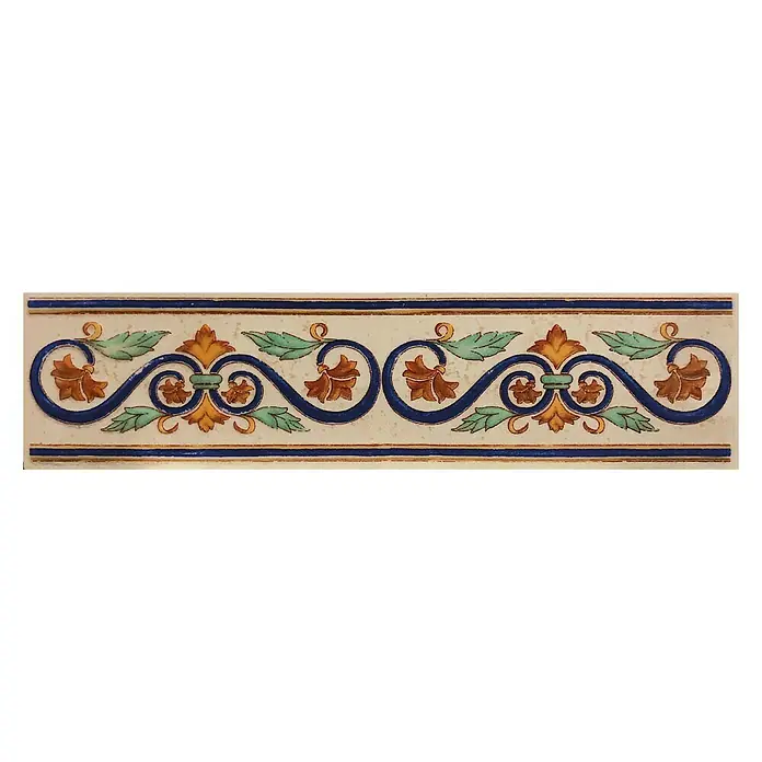 Cenefa para baldosas DV-38018 - 32 x 8 cm, Beige/Terracota - Azulejo decorativo con diseño floral en azul, dorado y verde. Ideal para baños y cocinas.