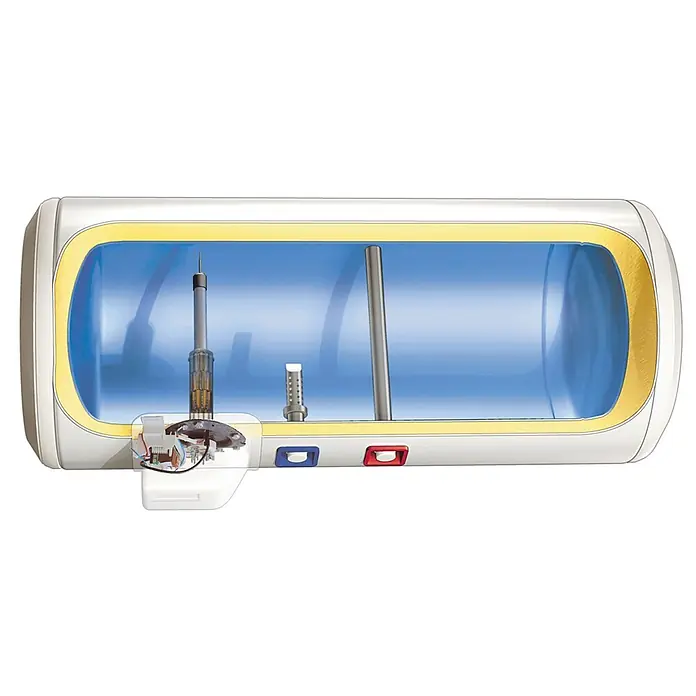 De Dietrich Warmwasserspeicher horizontal Titan hybrid system THS 150 L - 150 l, 1.800 W, Temperaturbereich: 50 °C - 65 °C, Wandmontage - Schnittansicht eines horizontalen Warmwasserbereiters mit weißem Gehäuse, gelber Isolierung, blauem Innentank, Heizelement, Anodenstab und Tauchrohr.