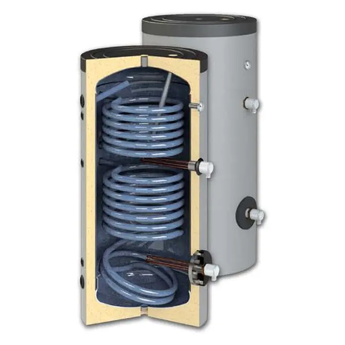 Sannover Warmwasserspeicher - 500 l - Schnittansicht eines grauen Warmwasserspeichers mit beiger Isolierung, der blaue interne Wärmetauscherschleifen und elektrische Heizelemente zeigt.
