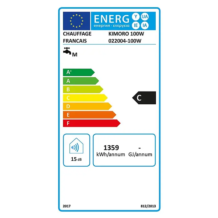Sannover Warmwasserspeicher MultiPositionen Kimoro 100 L - 100 l, 2.000 W, Temperaturbereich: 40 °C - 80 °C, Wandmontage - Energielabel für ein Heizgerät (KIMORO 100W) mit Energieklasse C, 1359 kWh/Jahr Verbrauch und 15 dB Geräuschpegel.