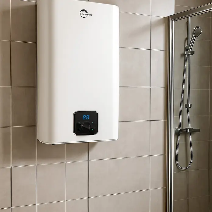 Sannover Warmwasserspeicher MultiPositionen Kimoro 100 L - 100 l, 2.000 W, Temperaturbereich: 40 °C - 80 °C, Wandmontage - Weißer rechteckiger Warmwasserbereiter mit blauem Digitaldisplay und Drehknopf an einer gefliesten Badezimmerwand neben einer Dusche.