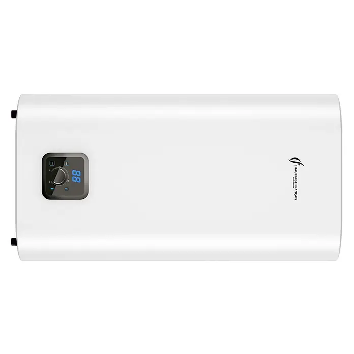 Sannover Warmwasserspeicher MultiPositionen Kimoro 100 L - 100 l, 2.000 W, Temperaturbereich: 40 °C - 80 °C, Wandmontage - Weißer rechteckiger Elektro-Warmwasserbereiter mit schwarzem Digitaldisplay, das eine Temperatur und einen Drehknopf anzeigt.